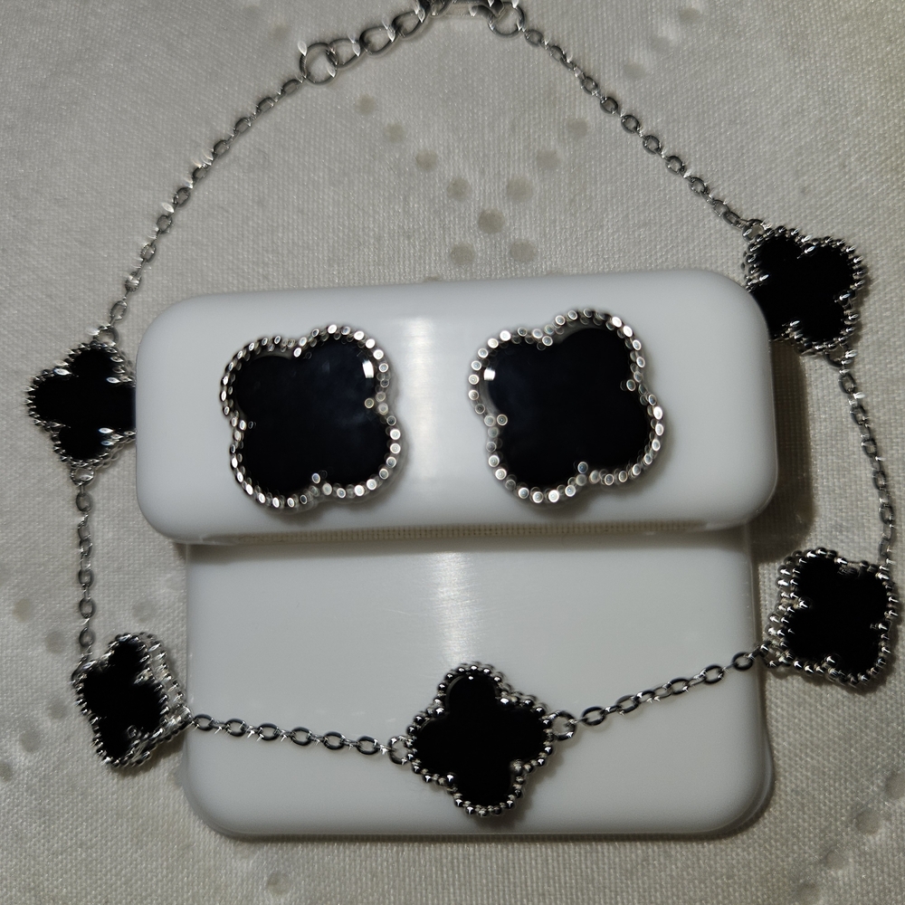 Black Clover-Style Silver Necklace and Stud Earrings Set